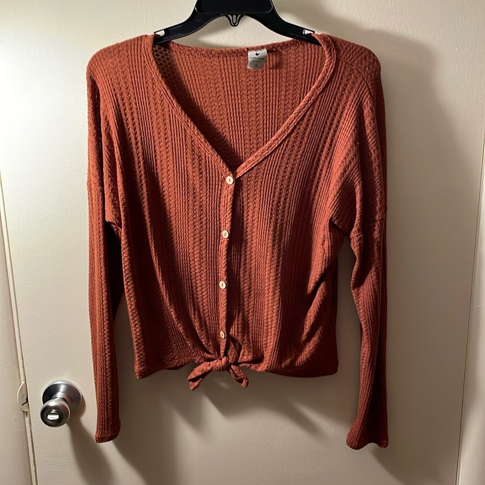 EUC PAPERCRANE burnt orange lightweight knit sweater w/waist tie sz.s 9p